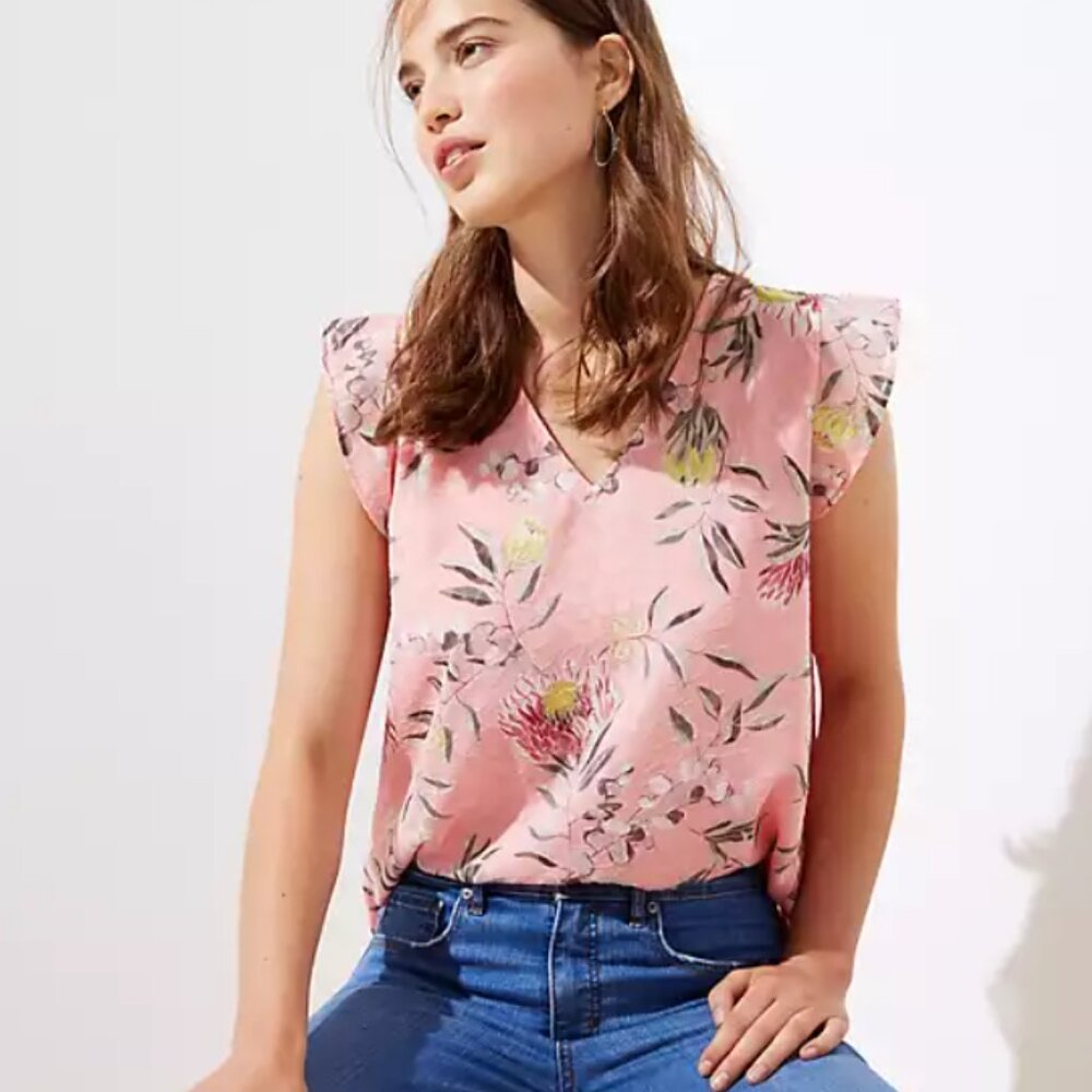 LOFT Petite Floral Flutter Cap Sleeve Shell, Peach, Size XXSP